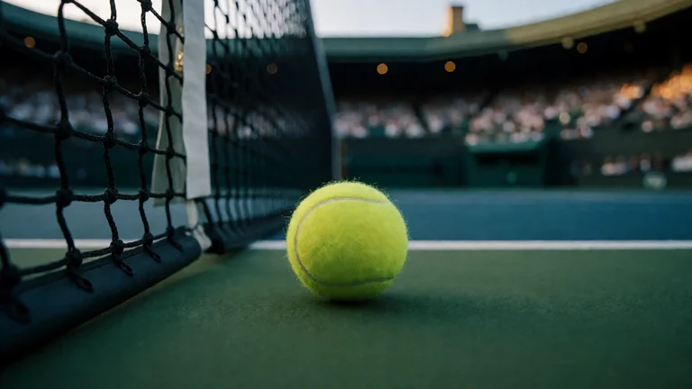 ပွိုင့်နှင့်ကွင်းပေါ် အဖြူရောင် Tennis ဘောလုံးနှင့် ကွင်းမျဉ်း၊ ကွန်ရက်အနီး (AI concept illustration)